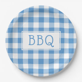 Plato De Papel Fiesta BBQ del patrón de Gingham de azul claro clá