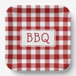 Plato De Papel Fiesta BBQ del patrón de Gingham rojo y blanco