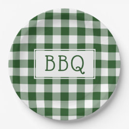Plato De Papel Fiesta BBQ del patrón de Gingham verde y blanco cl