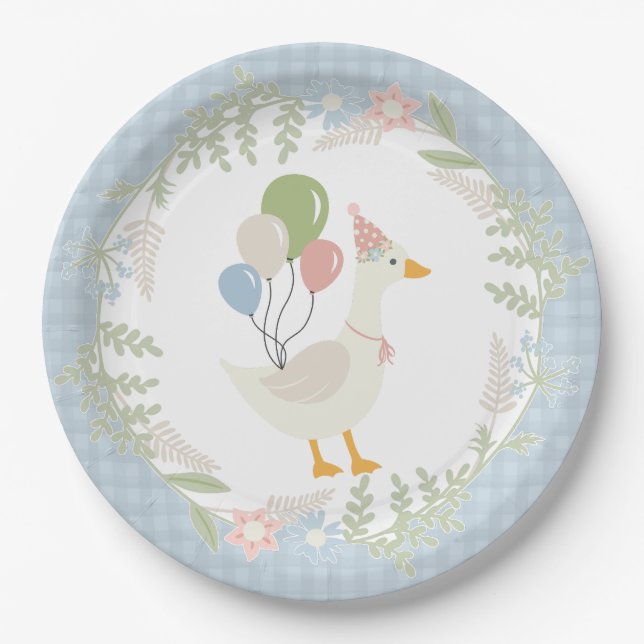 Plato De Papel Fiesta Blue Silly Goose Floral Gingham (Anverso)