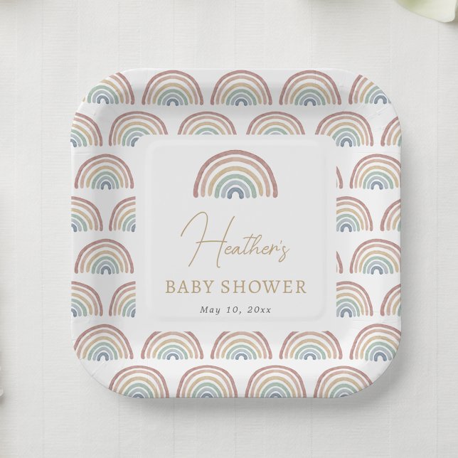 Plato De Papel Fiesta Bohemio del Arcoíris para el Bebe (Boho Watercolor Rainbow Baby Shower Paper Plates Table Decor by Painted Paperie
)