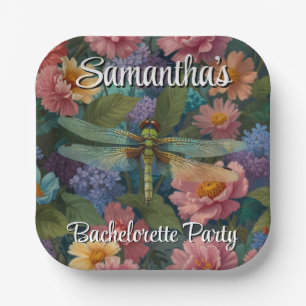 Plato De Papel Fiesta boho chic vintage floral pastel con libélul