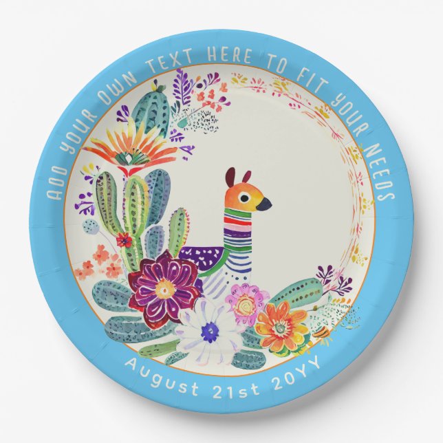 Plato De Papel FIESTA Cacti Llama Folkart Personalizado azul (Anverso)