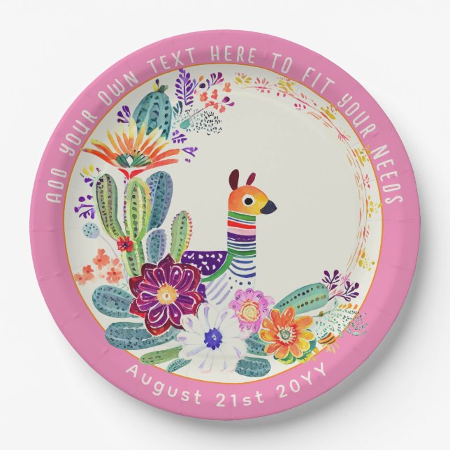 Plato De Papel FIESTA Cacti Llama FolkFlowers Personalizado rosa (Anverso)