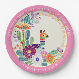 Plato De Papel FIESTA Cacti Llama FolkFlowers Rosa Personalizado