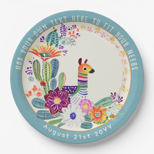 Plato De Papel FIESTA Cactus Llama FolkFlowers Fiesta Personaliza (Anverso)