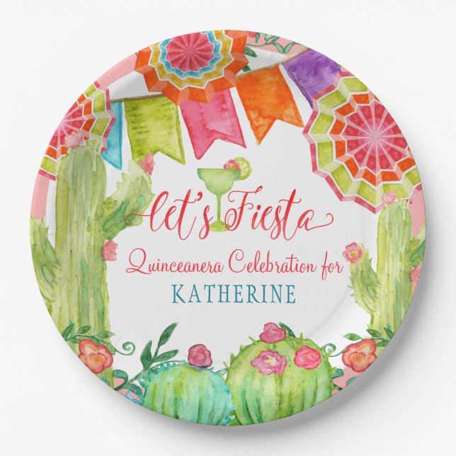 Plato De Papel Fiesta Cactus Pink Quinceanera Fiesta de cumpleaño (Anverso)