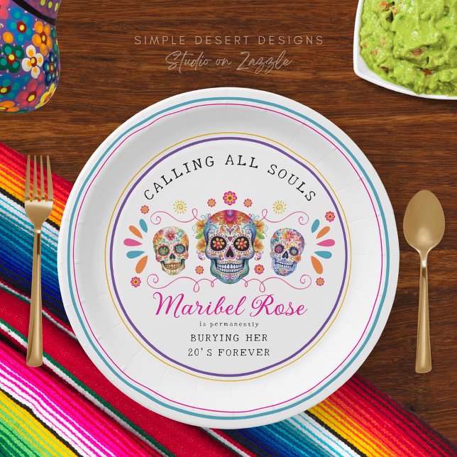 Plato De Papel Fiesta Calavera Funda Mexicana Fun Sugar Skull Cum (White calling all souls colorful mexican fiesta sugar skulls birthday party paper plates)