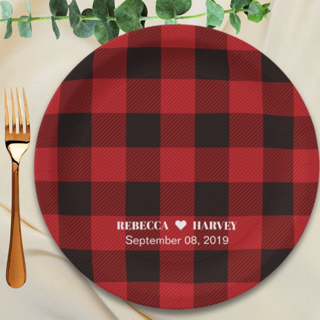 Plato De Papel fiesta casero rústico de invierno dorado dorado ro (red buffalo plaid rustic winter wedding party paper plates)