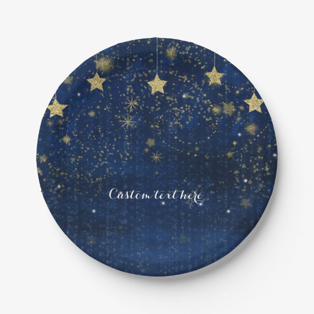 Plato De Papel Fiesta celeste azul brillante y oro Starry (Anverso)