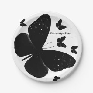 Plato De Papel Fiesta Chic Personalizada de Mariposas Negras y Bl