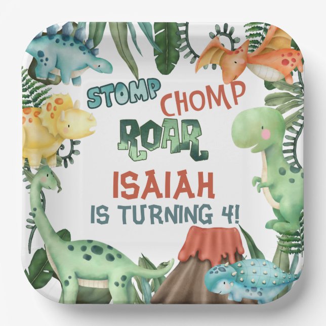 Plato De Papel Fiesta como fiesta de cumpleaños de dinosaurios (Anverso)
