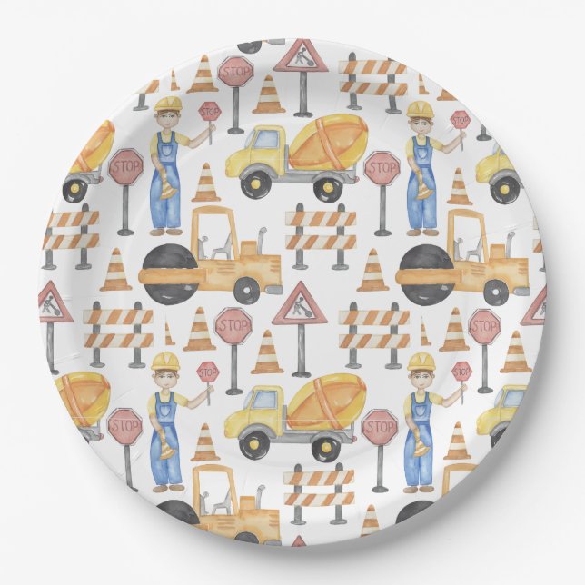 Plato De Papel Fiesta con tema de construcción (Anverso)