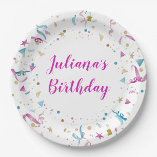 Plato De Papel Fiesta Confetti: Cumpleaños Rosa y Azul
