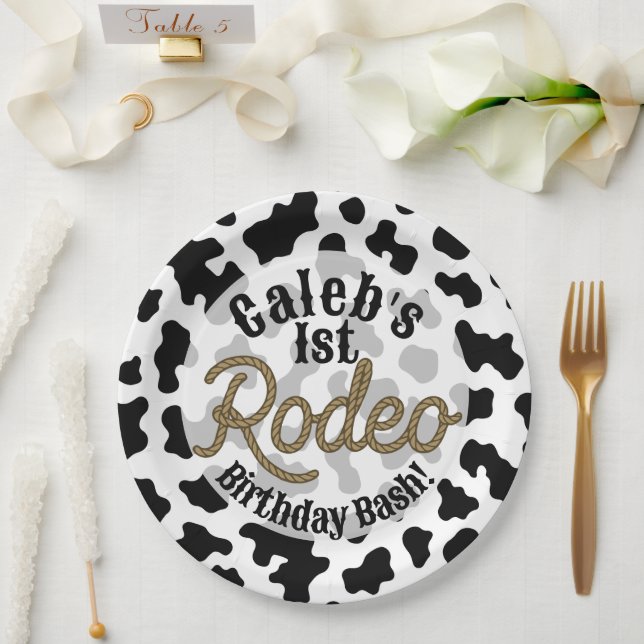 Plato De Papel Fiesta Country Western Rodeo Estampado Vaca Negra (Boda)