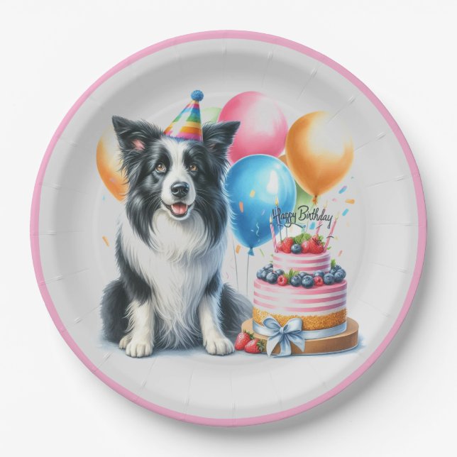 Plato De Papel Fiesta Cute Happy Birthday Border Collie (Anverso)