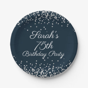 Plato De Papel Fiesta de 75 cumpleaños Navy Blue Silver Glitter