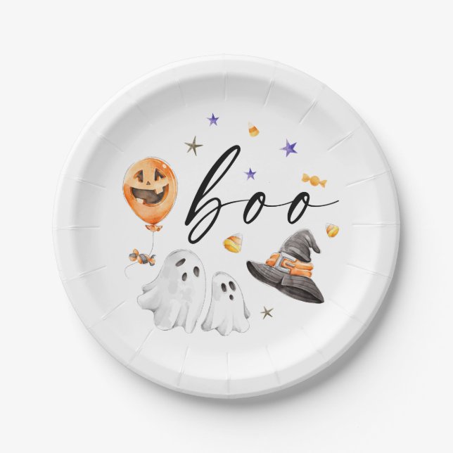 Plato De Papel Fiesta de acuarela de Boo Halloween (Anverso)