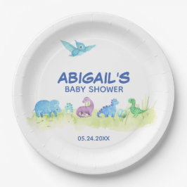 Plato De Papel Fiesta de acuarela de dinosaurio mate Baby Shower