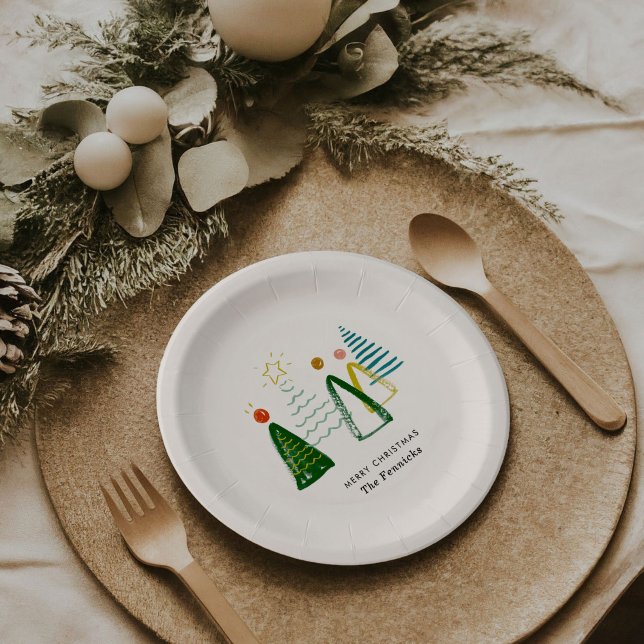 Plato De Papel Fiesta de acuarela moderna navideña (Festive watercolor Christmas trees personalized holiday party paper plates.)