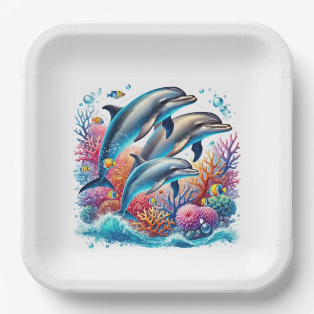 Plato De Papel Fiesta de amantes de delfines lindos (Anverso)