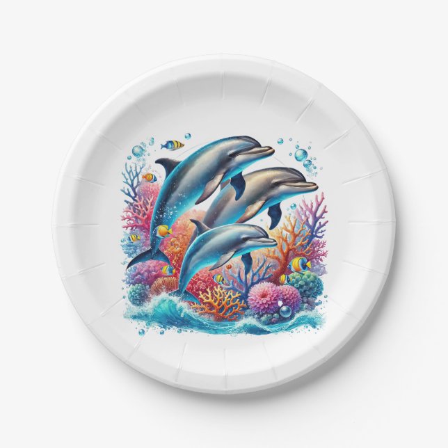 Plato De Papel Fiesta de amantes de delfines lindos (Anverso)