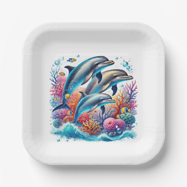 Plato De Papel Fiesta de amantes de delfines lindos (Anverso)