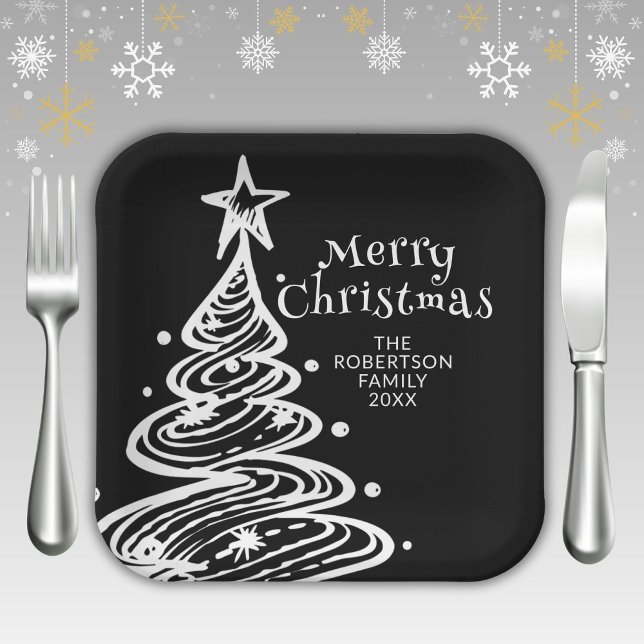 Plato De Papel Fiesta de árbol de Navidad blanco y negro (Subido por el creador)