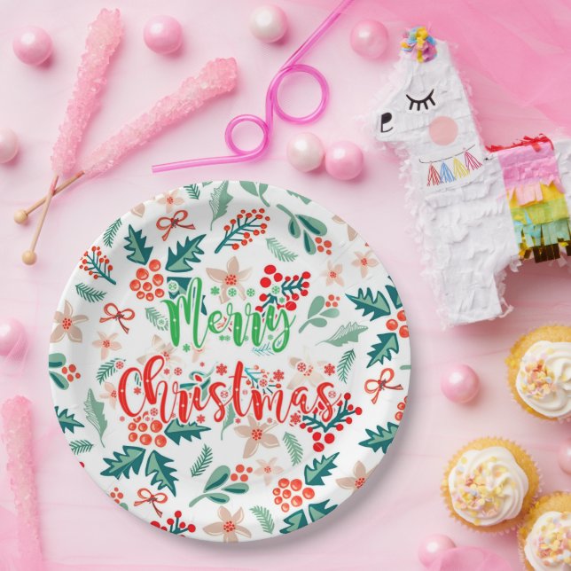 Plato De Papel Fiesta de árbol de Navidad moderno rojo y verde (Fiesta)