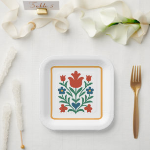 Plato De Papel Fiesta de Arte Folclórico Floral Corazón y Pétalo