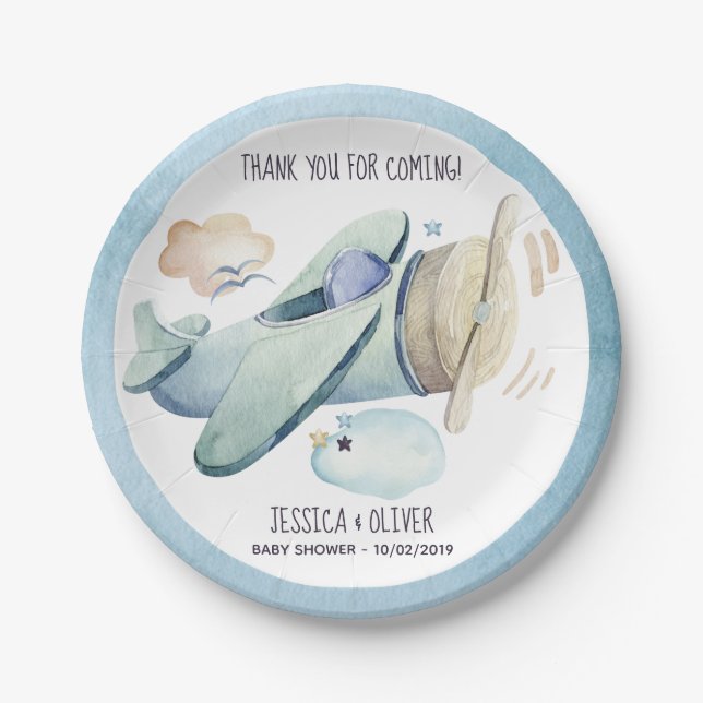 Plato De Papel Fiesta de avión acuarela en azul (Anverso)