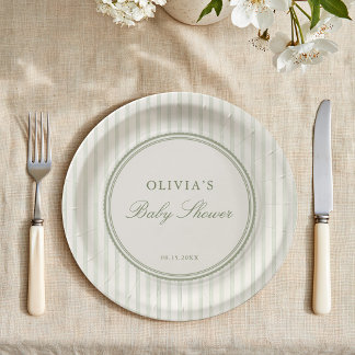 Plato De Papel Fiesta de Baby Shower a Rayas Verde Salvia