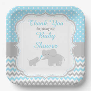 Plato De Papel Fiesta de Baby Shower azul elefante y gris