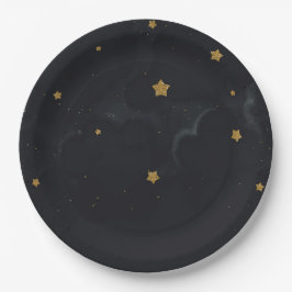 Plato De Papel Fiesta de Baby Shower Cielo Nocturno Oscuro Estrel