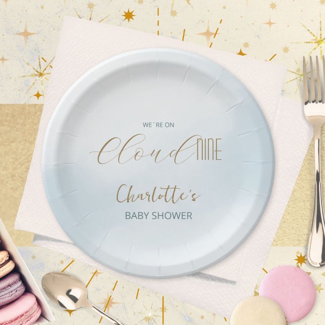 Plato De Papel Fiesta de Baby Shower Cloud 9 Celeste (Cloud 9 Celestial Blue Baby Shower Paper Plates ©Susanne Sachers - Sunny Mind 🌞)