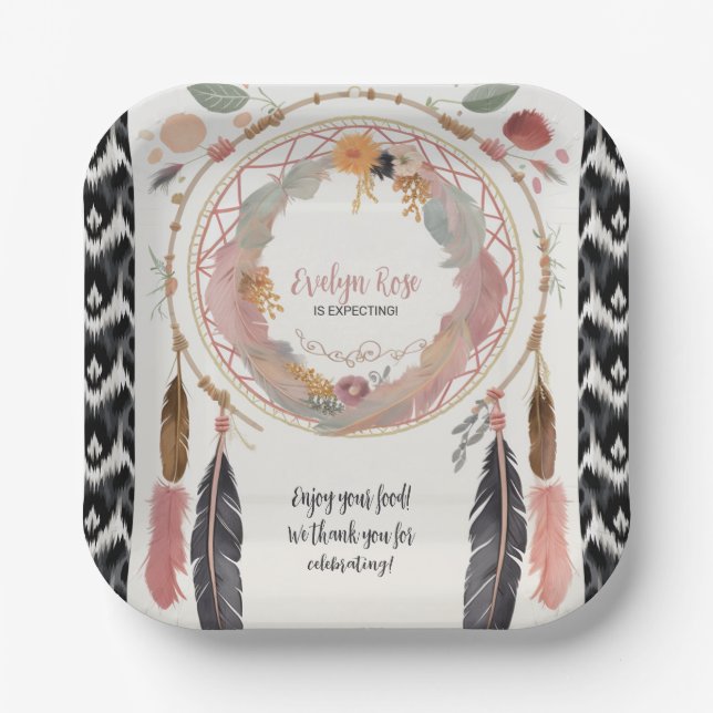 Plato De Papel Fiesta de Baby Shower Cute Boho Dreamcatcher (Anverso)