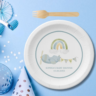 Plato De Papel Fiesta de Baby Shower de Avión Antiguo con Nubes d