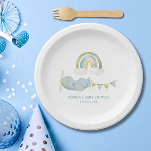 Plato De Papel Fiesta de Baby Shower de Avión Antiguo con Nubes d