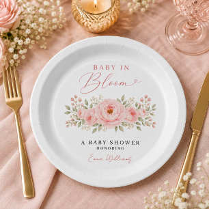 Plato De Papel Fiesta de Baby Shower de Bebe en Flor Rosa Suave