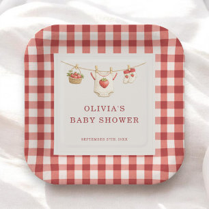 Plato De Papel Fiesta de Baby Shower de Fresa Dulce a Cuadros