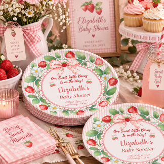 Plato De Papel Fiesta de Baby Shower de Fresa Rosa con Nombre Per