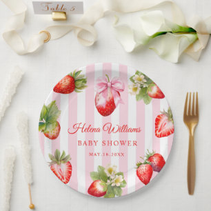 Plato De Papel Fiesta de Baby Shower de Fresas con Lazo Coquette