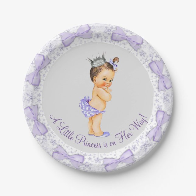 Plato De Papel Fiesta de Baby Shower de la Princesa Gris Morado (Anverso)