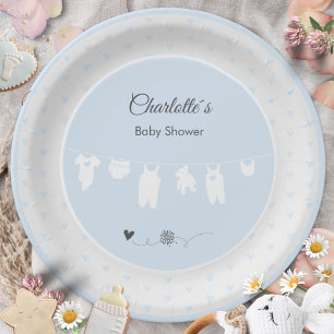 Plato De Papel Fiesta de Baby Shower de Niño Boho Corazones Azul 
