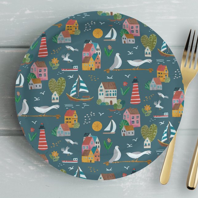 Plato De Papel Fiesta de baby shower de niño con patrón azul cost (Coastal boy baby shower party paper plates)