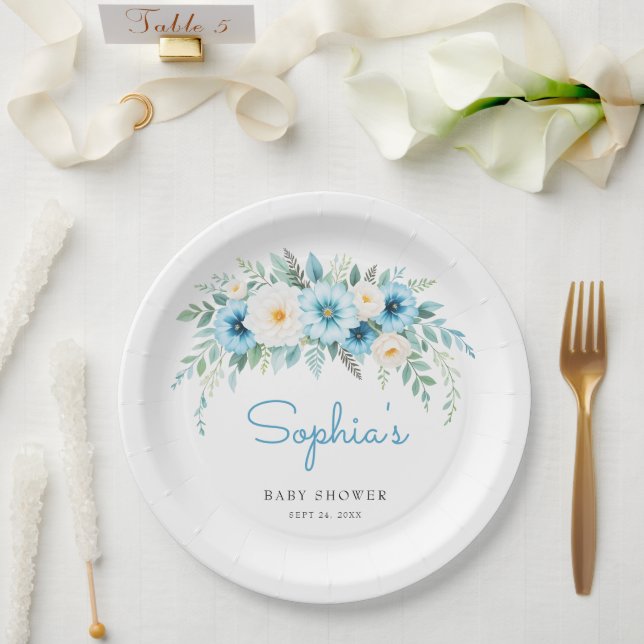 Plato De Papel Fiesta de Baby Shower Elegante Floral Azul Suave (Boda)