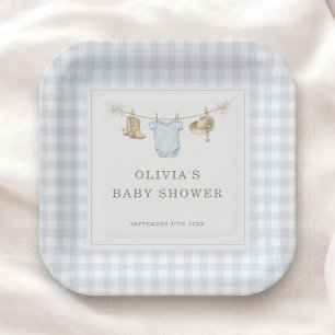 Plato De Papel Fiesta de Baby Shower Niño Vaquero Pequeño Cuadros