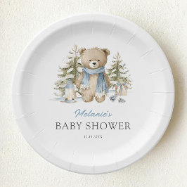 Plato De Papel Fiesta de Baby Shower Oso Invernal Acuarela