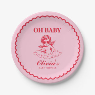 Plato De Papel Fiesta de Baby Shower Retro con Querubín Rosa y Ro