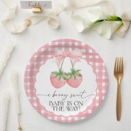 Plato De Papel Fiesta de Baby Shower Rosa Gingham Fresa Dulce